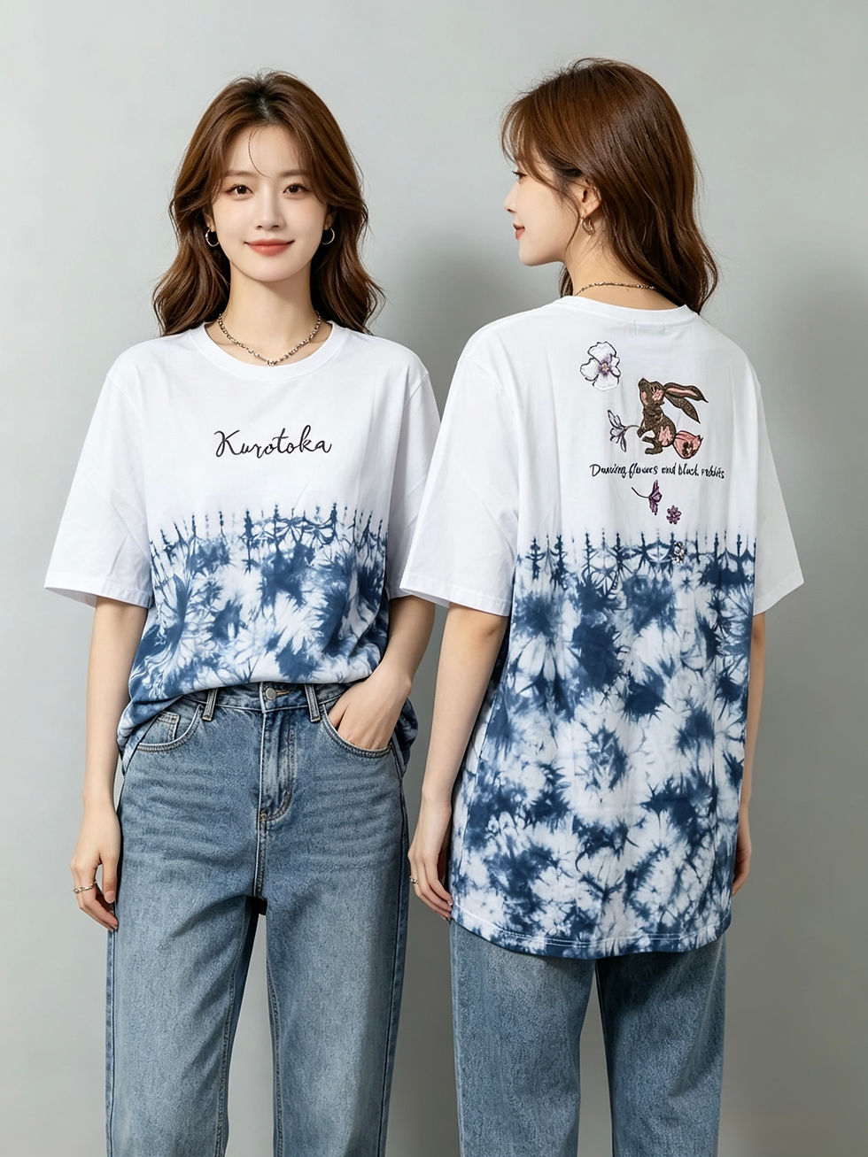 縮圖：○黒菟華 AL-759058 -95 『グラデーション花柄』 タイダイ染め刺繍Tシャツ