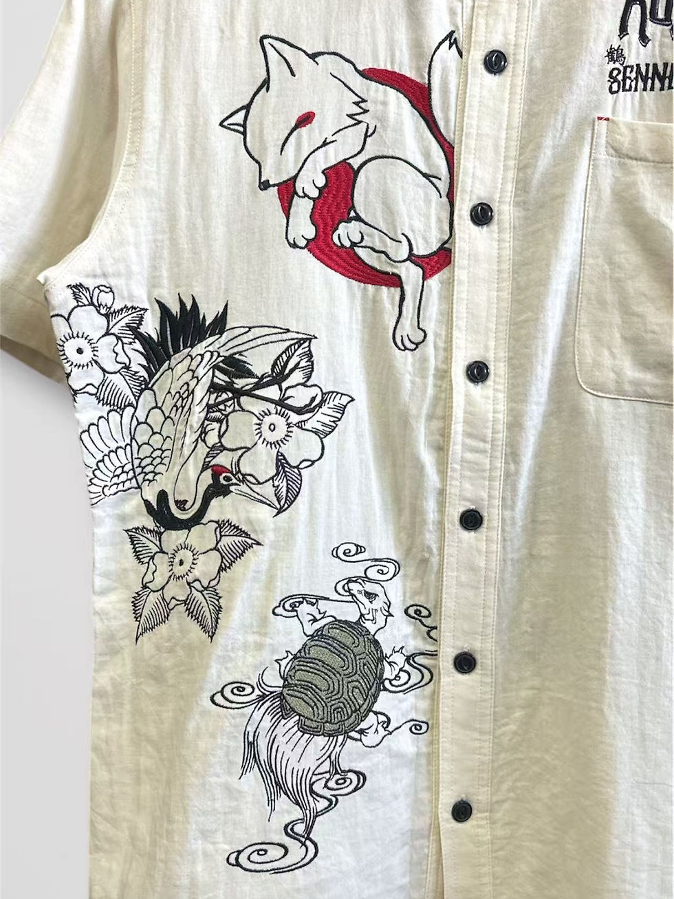 サムネイル： 今昔 KJ-21010　こんじゃく『架空のコラボ狐亀鶴』ALL刺繍ダブルガーゼ半袖シャツ