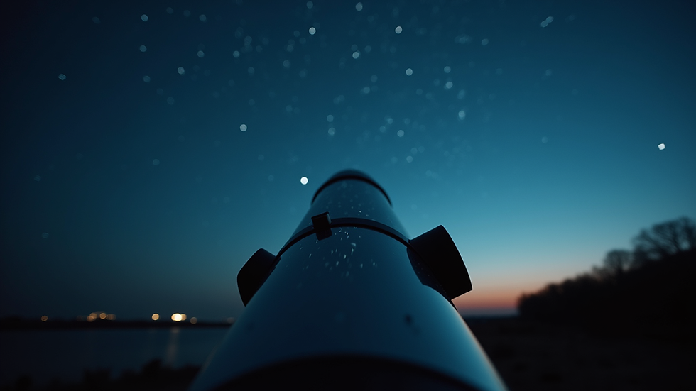 Close-up view of a telescope lens pointing towards the night sky with stars