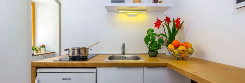 Kitchenette with refrigerator and stovetop in Terra I apartment, Rijeka