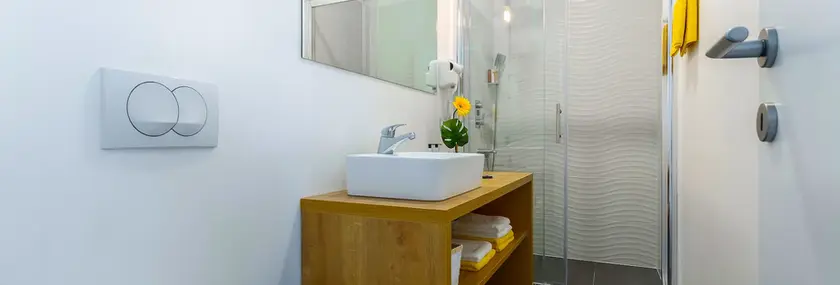 Modern bathroom with walk-in shower and sink in Terra I apartment, Rijeka