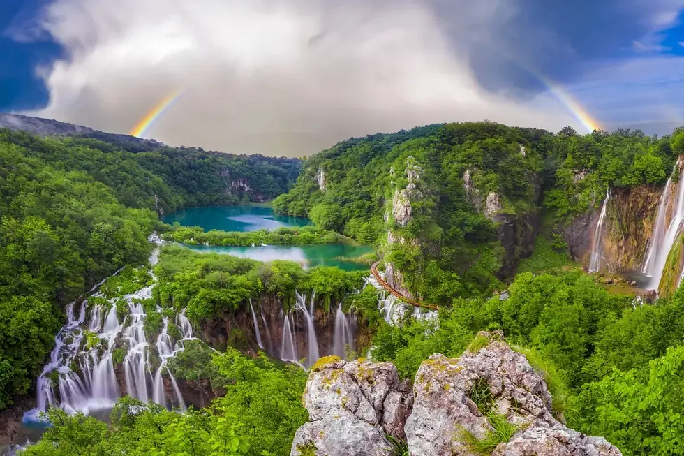 Veliki Slap waterfall at Plitvice Lakes National Park in Croatia, surrounded by lush green forest