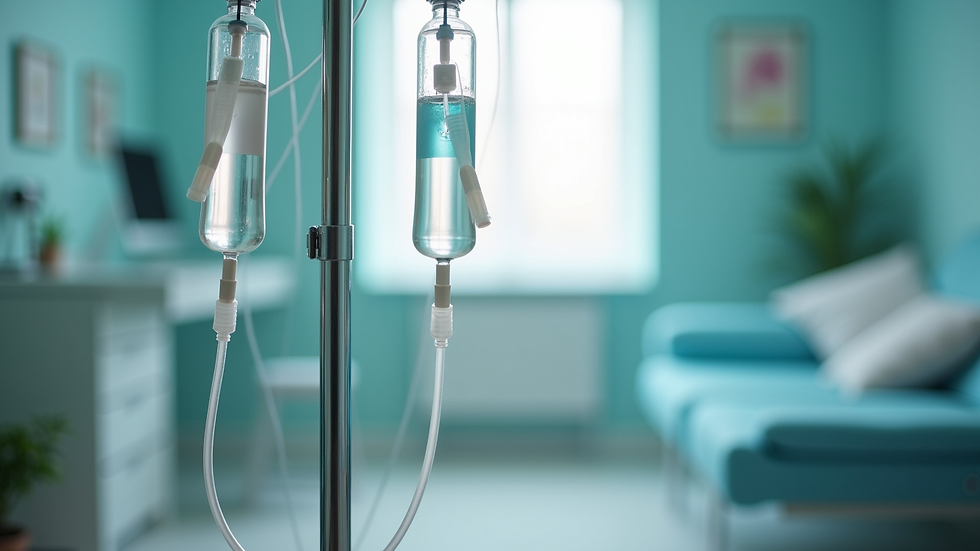 Eye-level view of IV hydration drip setup in a wellness clinic