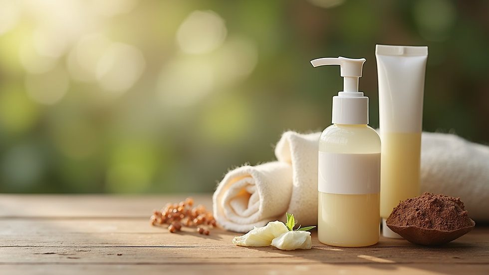 Close-up view of natural skincare products on wooden surface