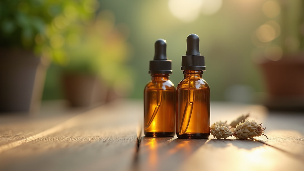 Close-up view of small glass bottles with essential oils on wooden surface