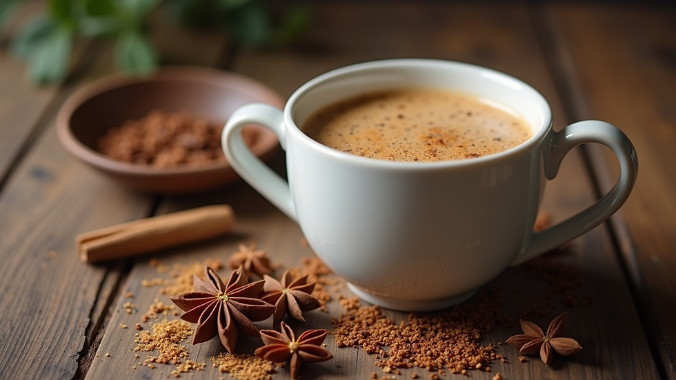 Nahaufnahme einer Tasse Bio Chai-Schwarztee mit Gewürzen