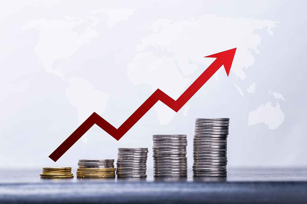 Stacks of coins increasing in height with a red upward arrow, set against a world map background, symbolizing financial growth.