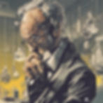 Elderly man with glasses in deep thought, wearing a headset in a lab. Yellow-lit, filled with scientific equipment. Reflective mood.