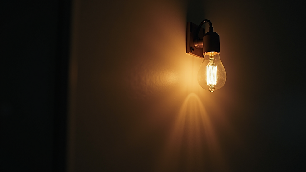 Close-up view of a dimly lit room with a flickering light bulb