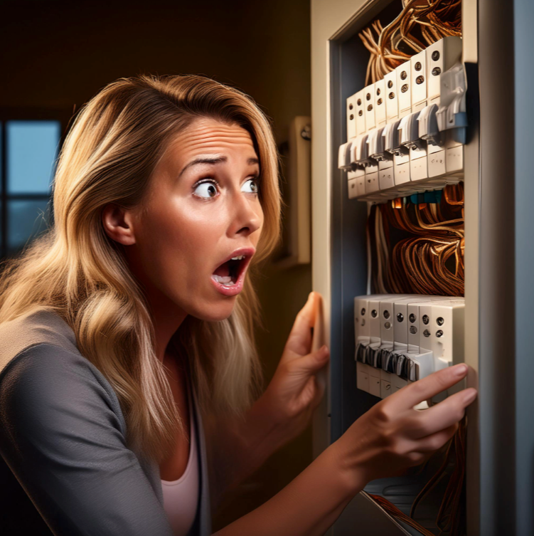 Woman looking shocked at open electrical panel with numerous wires. Background is dimly lit. She displays surprise and concern.