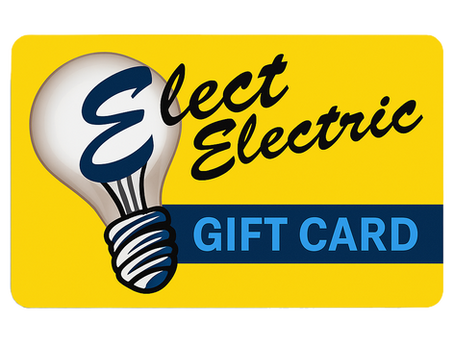 Yellow gift card with a light bulb and "Elect Electric" in black script. Blue band at bottom reads "Gift Card." Bold, vibrant design.