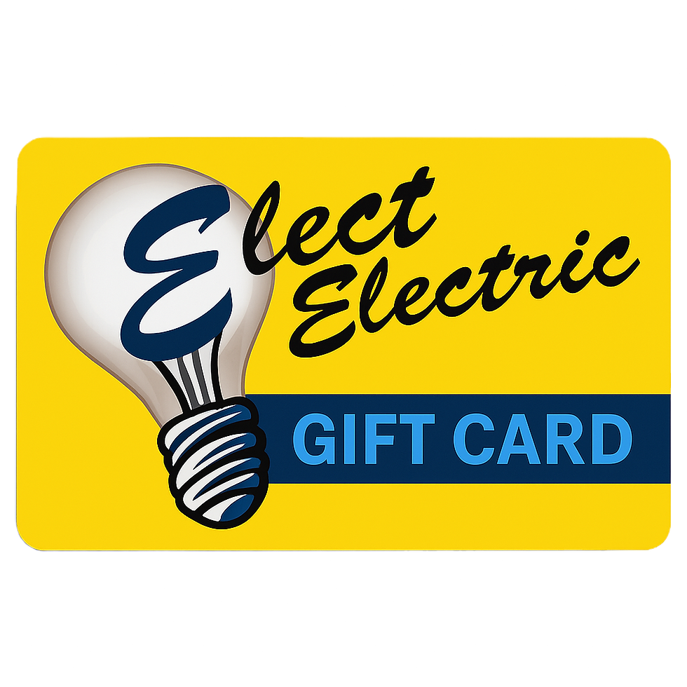 Yellow gift card with a light bulb and "Elect Electric" in black script. Blue band at bottom reads "Gift Card." Bold, vibrant design.