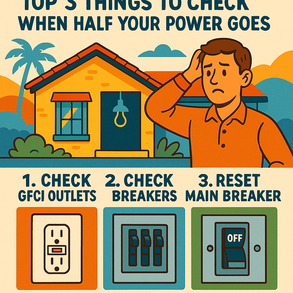 Man in orange shirt looks puzzled by house. Text: "Top 3 Things to Check When Half Your Power Goes," with breaker checks illustrated below.
