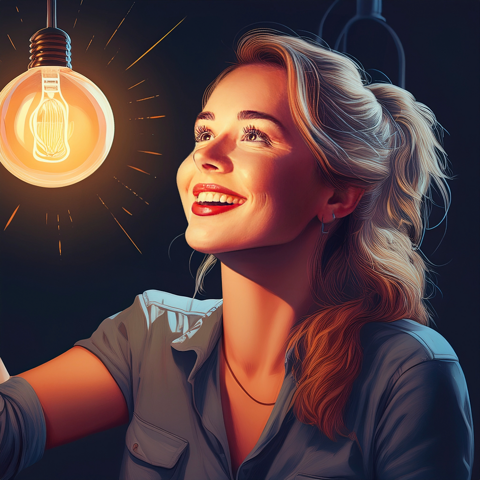Woman in a blue shirt smiles, looking up at a glowing light bulb. Dark background, warm light highlights her expressive, joyful face.