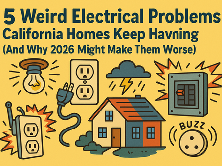 Text describes electrical problems in California homes. Shows outlets, plugs, lightning, buzzing, and a house on a yellow background.