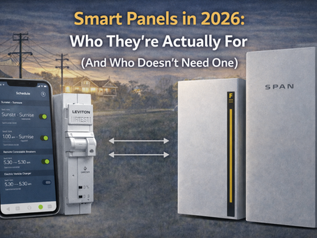 Smart panels image with phone app, breaker, and panel against a rural sunset. Text: "Smart Panels in 2026: Who They’re For (And Who Doesn’t Need One)".