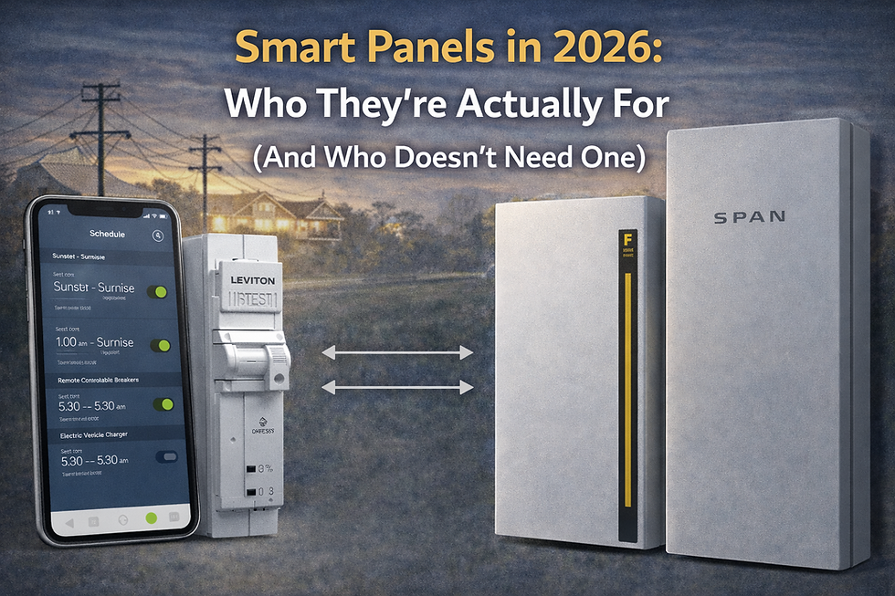 Smart panels image with phone app, breaker, and panel against a rural sunset. Text: "Smart Panels in 2026: Who They’re For (And Who Doesn’t Need One)".