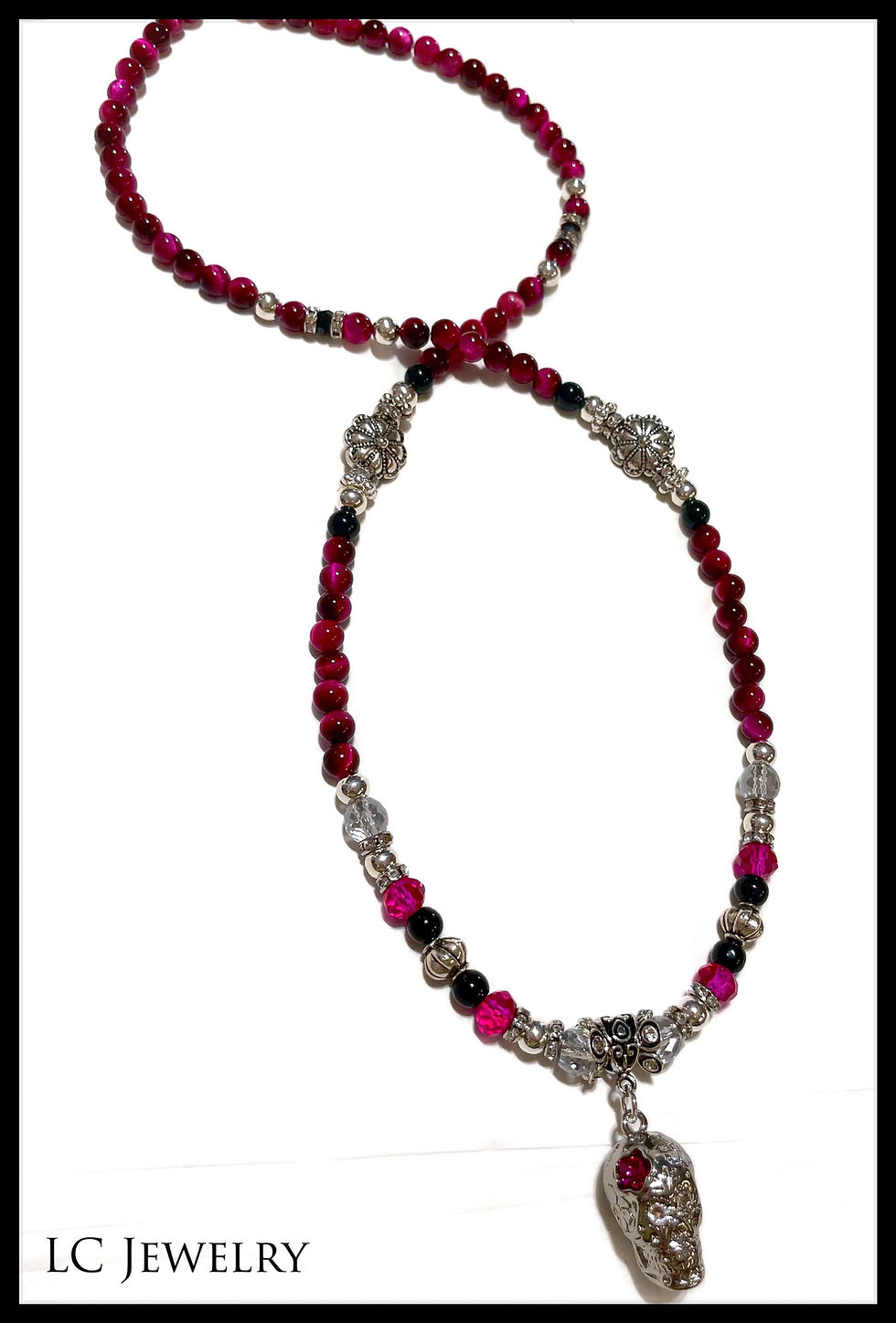 Fuschia and Silver Skull Girl -necklace 