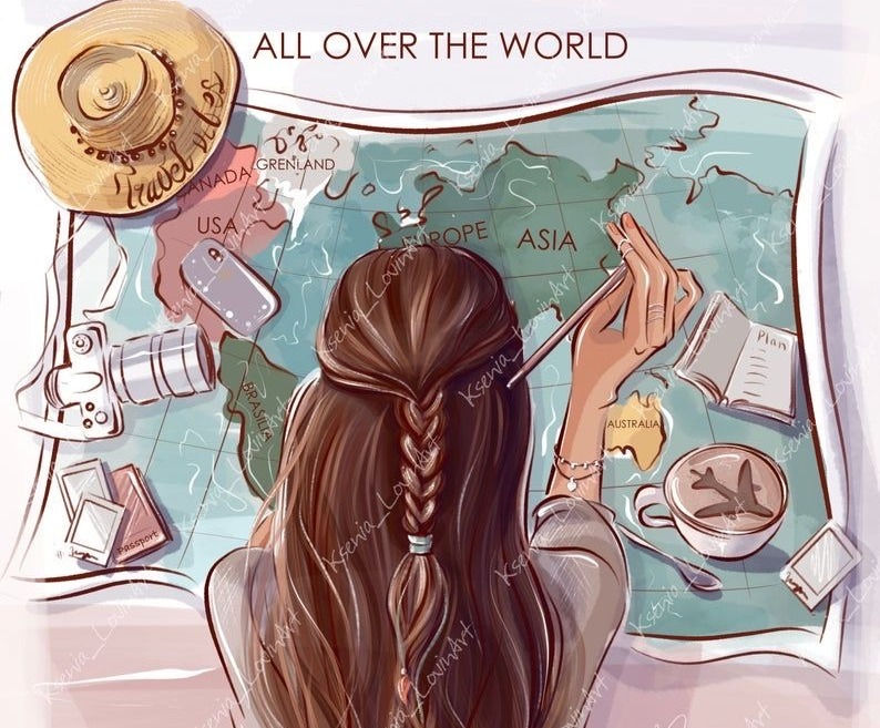 A girl with long hair studying a map intently.