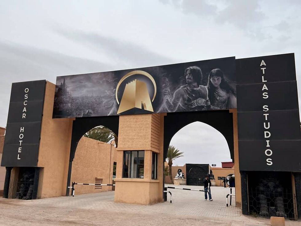 Entrance to Atlas Studios in Morocco, showcasing the grandeur of the film industry.