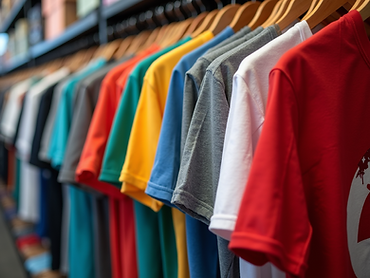 A-vibrant-collection-of-custom-t-shirts-showcasing-various-designs-and-brand-logos-in-a-dy