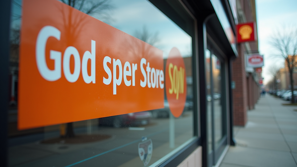 Eye-level view of a large outdoor business sign with bold colors and clear text