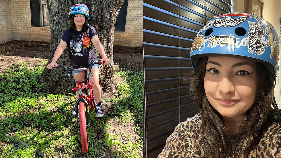 Woman in a sticker-covered blue helmet poses on a red BMX outdoors and smiles in a close-up indoors, wearing a graphic tee and leopard top.