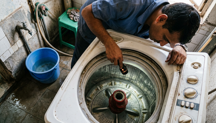 Top-down view of a top load washing machine drum being inspected