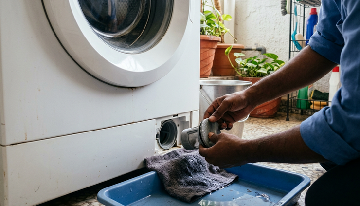 Close-up view of a washing machine drain filter being checked by hand