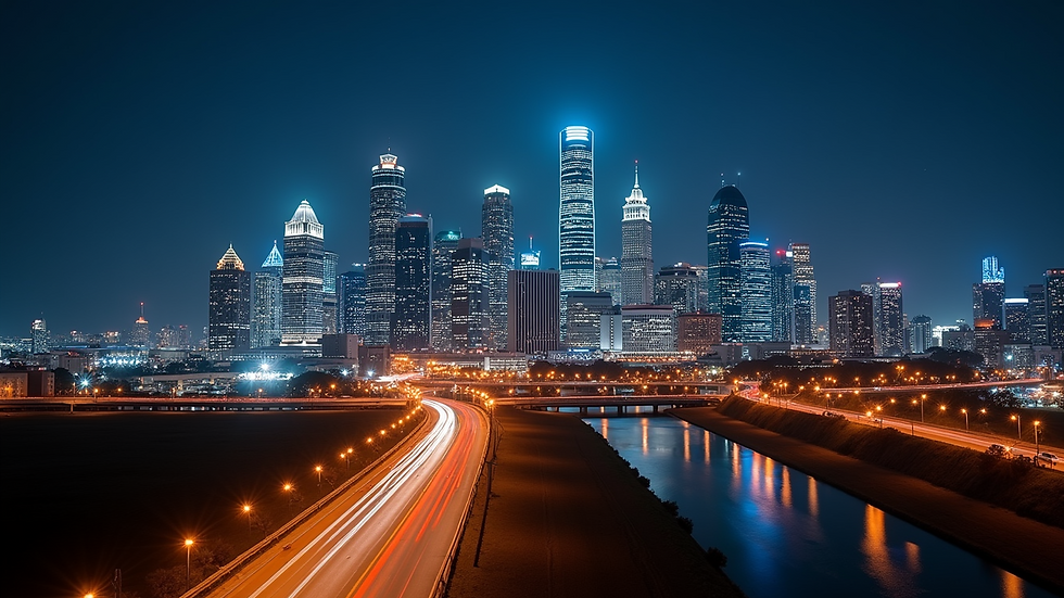 Wide angle view of the Dallas skyline with vibrant city lights