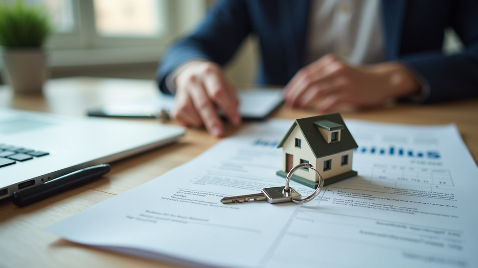 Close-up view of a house key and real estate contract on a table