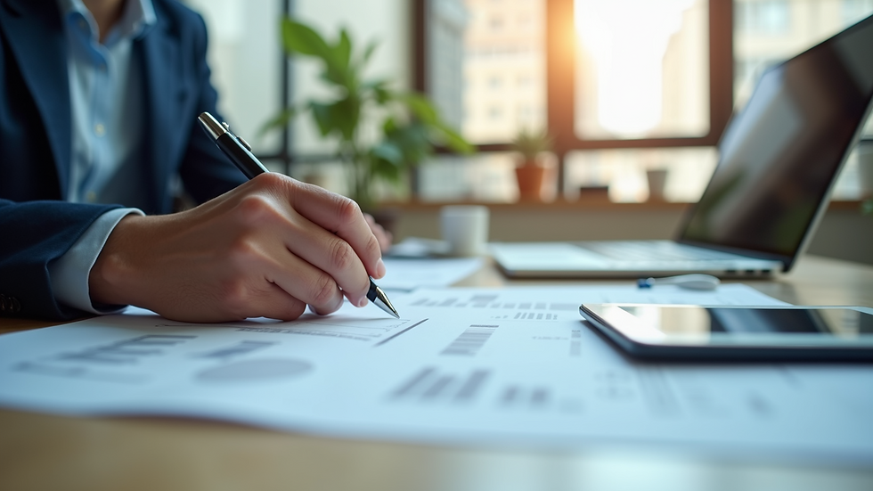 Eye-level view of a modern office with property consulting documents on the desk