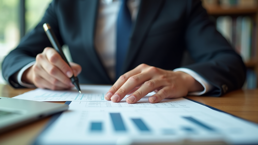 High angle view of a real estate agent reviewing property documents