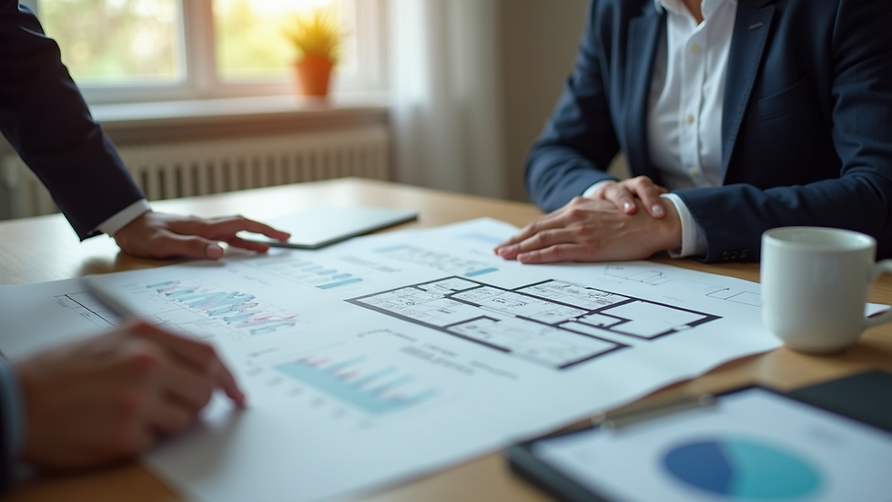 Close-up view of a property consultant showing a floor plan to a client