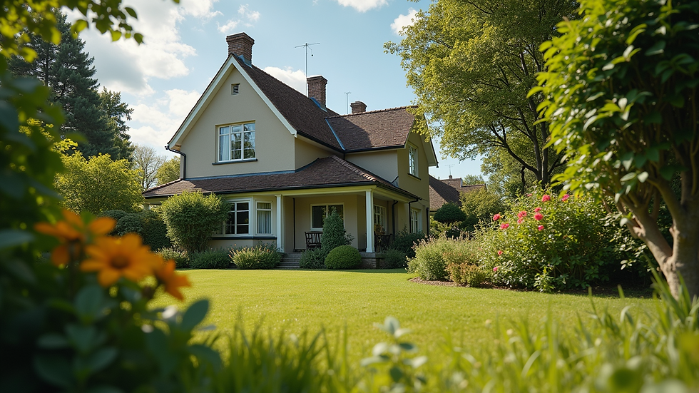Eye-level view of a house with a well-kept garden