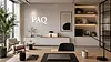 Minimal modern interior with neutral tones, plants, and a styled shelving unit