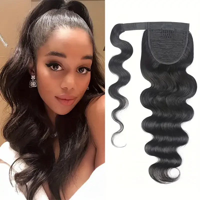 Thumbnail: Natural Black Curly Real Human Hair Ponytail Extension