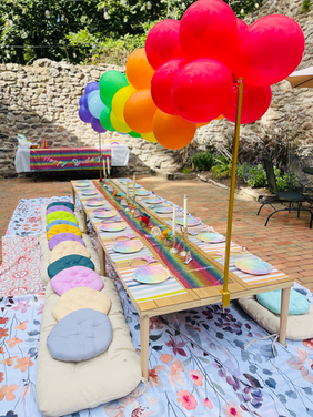 Rainbow boho table setup