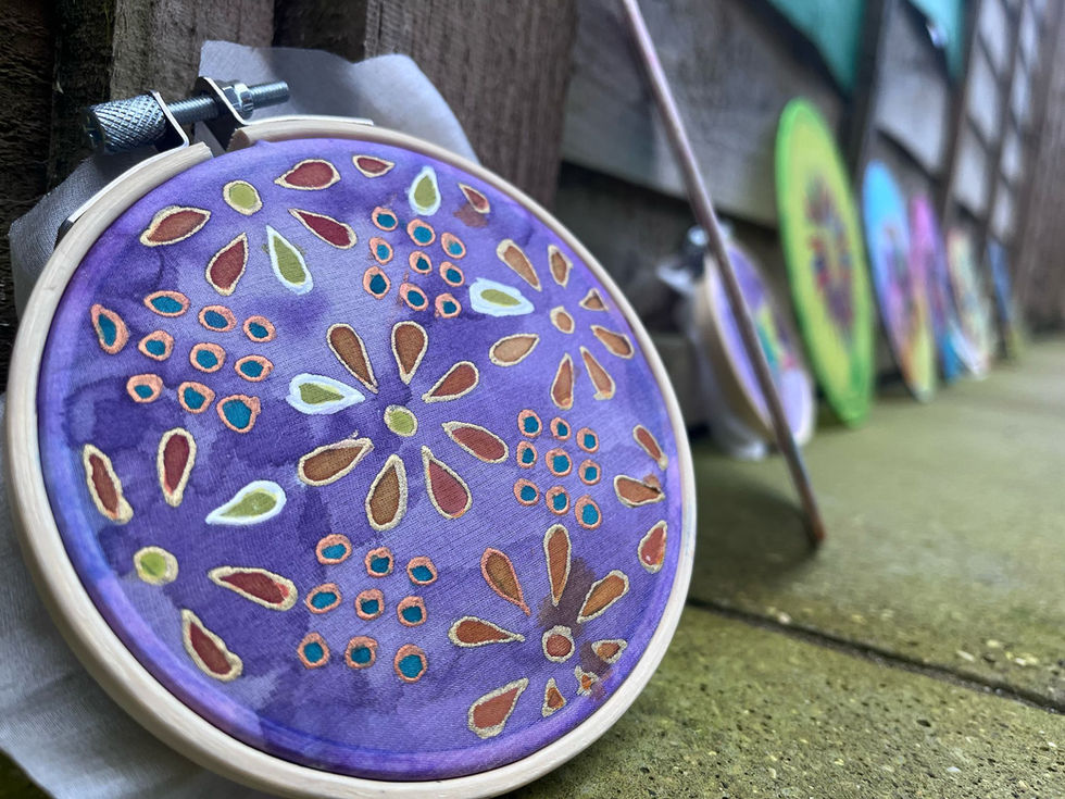 small purple silk painting on an embroidery hoop