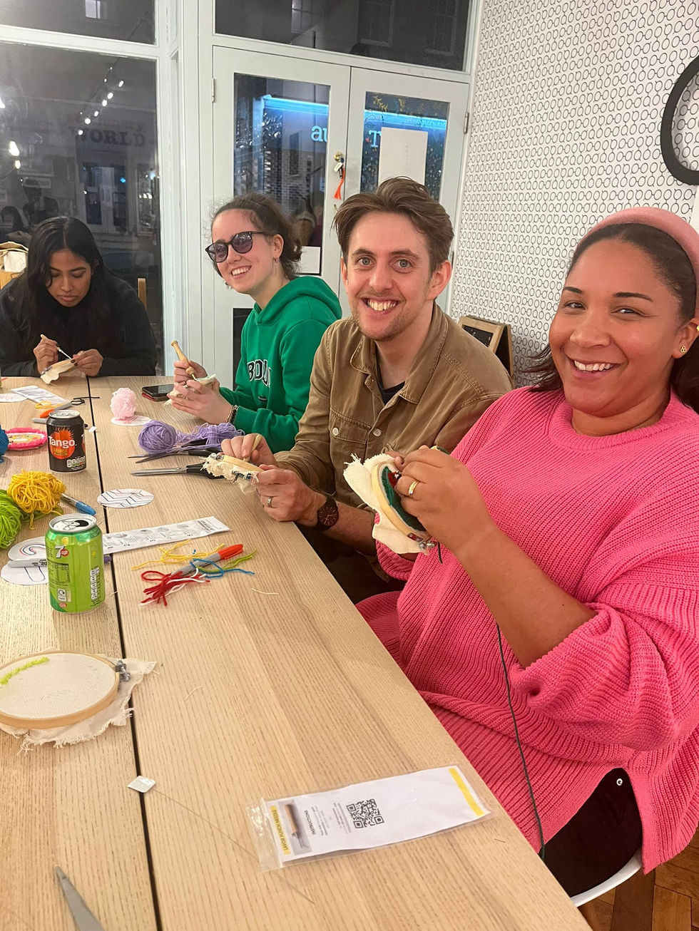 3 people smiling at camera, punch needle at ollie quinn