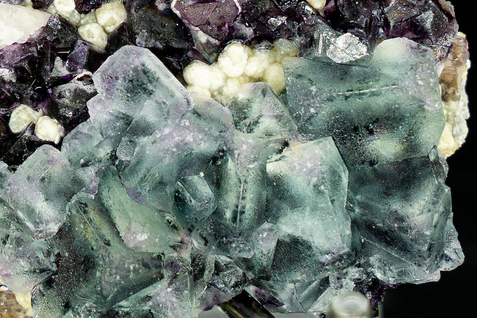 Thumbnail: UV-Reactive Blue & Purple Fluorite on Yellow Muscovite Mica Yindu Mine Inner Mongolia