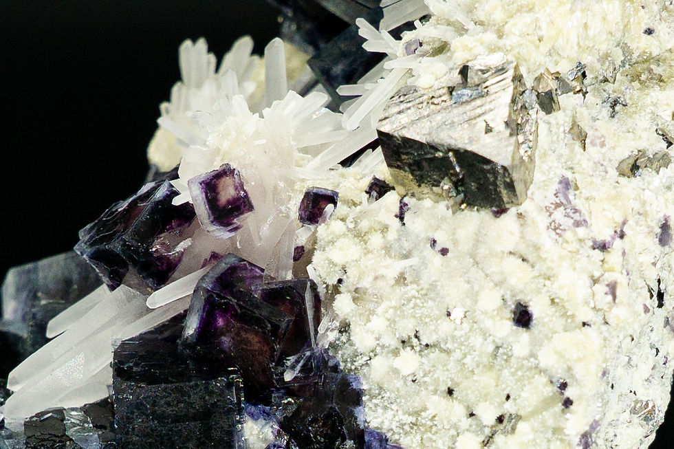 Thumbnail: UV-Reactive Purple Fluorite with Marmatite & Crystal Quartz on Muscovite Mica Yindu Mine Inner Mongolia
