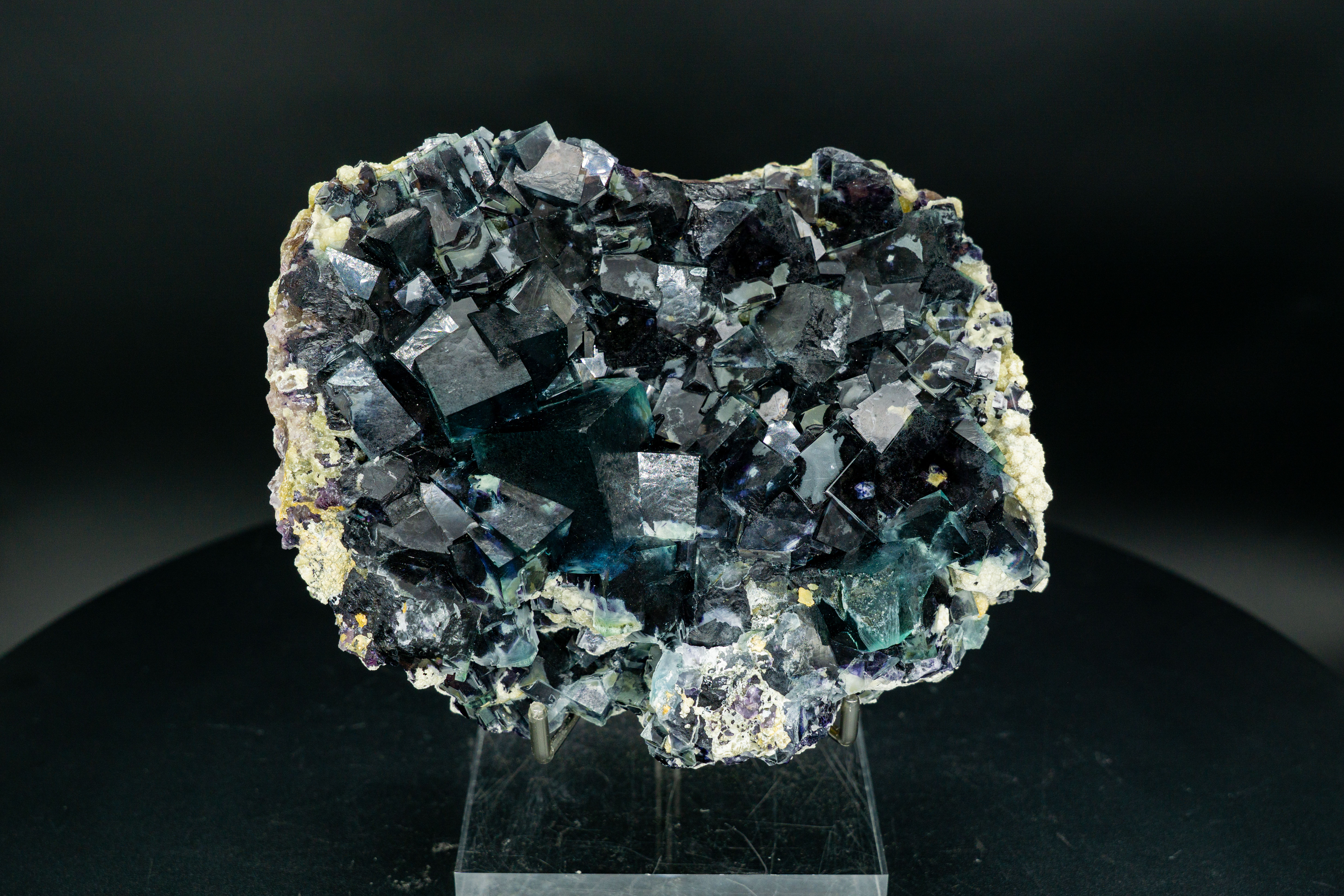 UV-Reactive Large Purple & Green Fluorite on Yellow Muscovite Mica with Acrylic Stand Yindu Mine Inner Mongolia