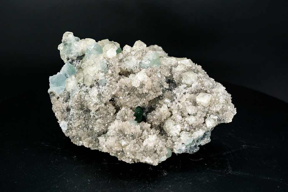 Thumbnail: Large Green Tanzanite Fluorite & UV-Reactive Calcite on Crystal Quartz Fujian