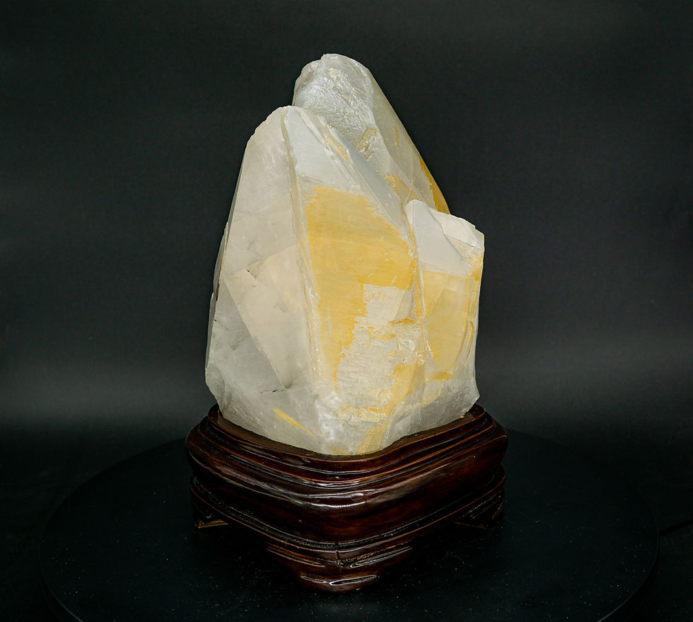 Thumbnail: X-Large UV-Reactive Clear Dogtooth Calcite with Wooden Stand Fujian