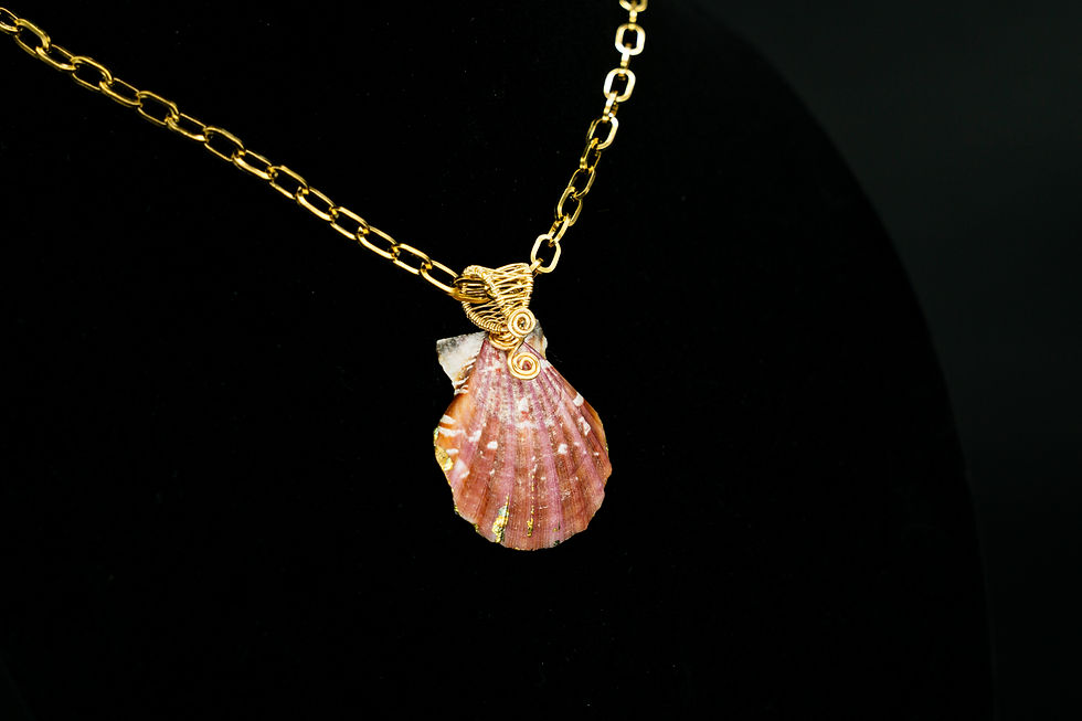 Thumbnail: Pink Scallop Shell with Pearl and 18k Gold Plated Chain Necklace