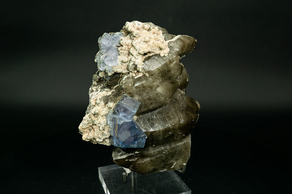 Thumbnail: Blue YGX Fluorite with Chalcopyrite on Smoky Crystal Quartz and Dolomite Hunan