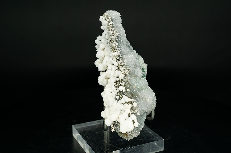 Thumbnail: UV-Reactive Green Sugar Fluorite, Hydrozincite, & Calcite on Crystal Quartz Fujian