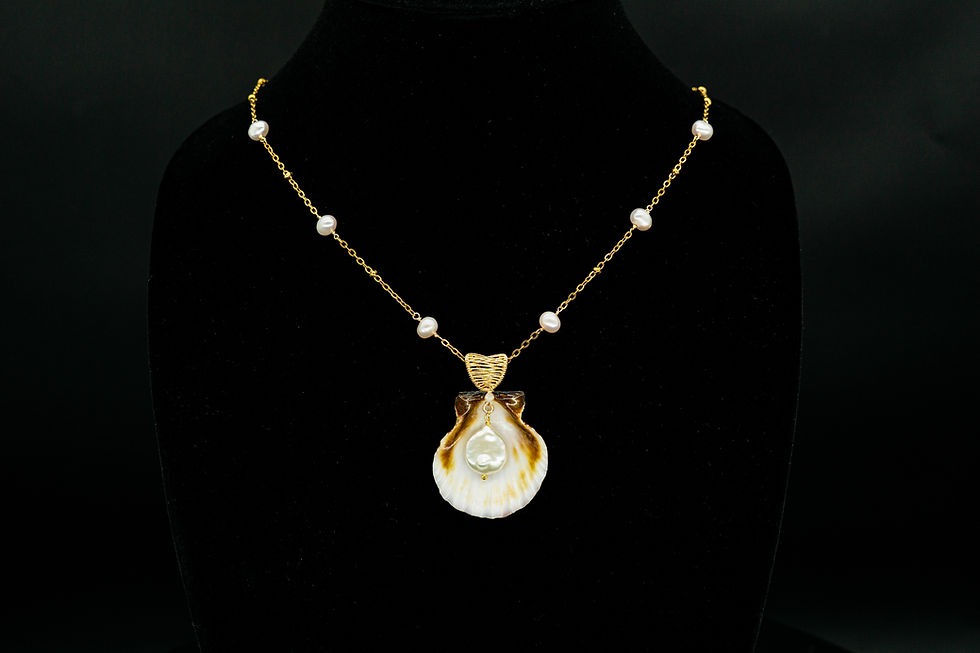 Pink Scallop Shell with Pearl and 18k Gold-Plated Pearl Chain Necklace
