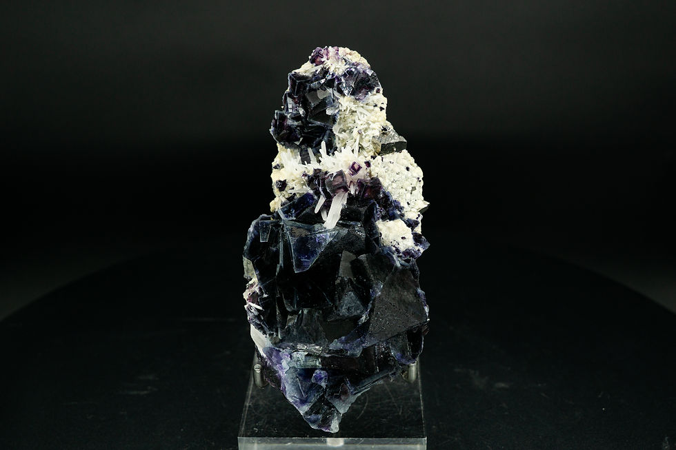 Thumbnail: UV-Reactive Purple Fluorite with Marmatite & Crystal Quartz on Muscovite Mica Yindu Mine Inner Mongolia
